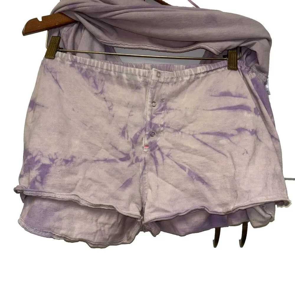 FREE PEOPLE JUST BE CHILL CUSTOM TIE DYE SET Purple Shorts Top S Cotton Pockets